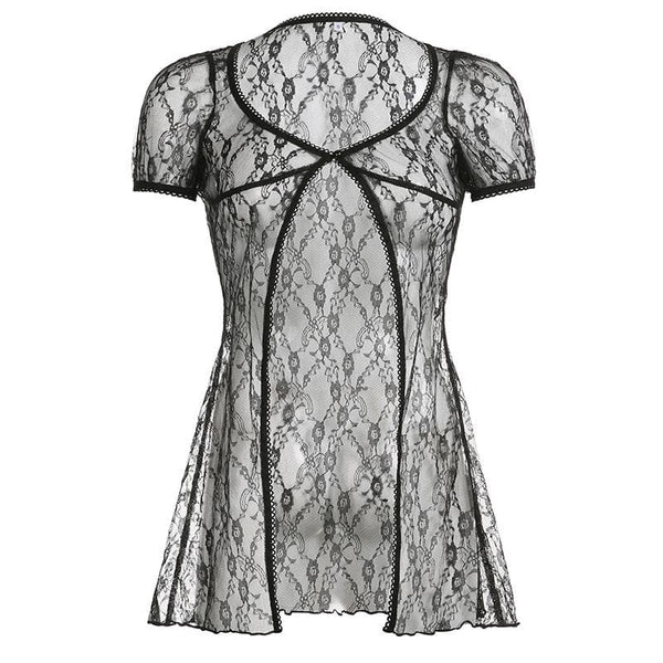 Lace short sleeve button see through ruffle solid top