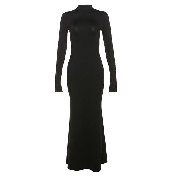Robe longue unie à dos nu, col haut et manches longues
