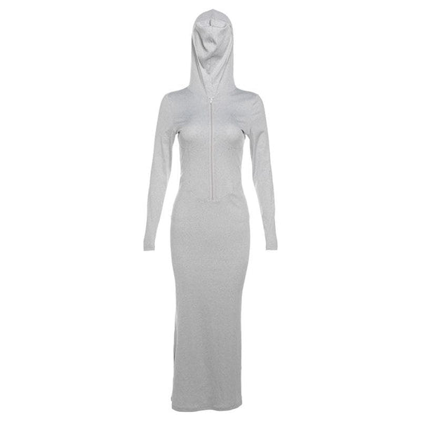 Robe longue unie côtelée à capuche et manches longues avec fermeture éclair