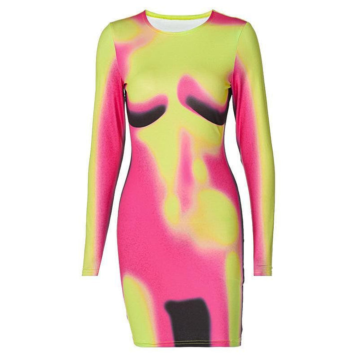 Long sleeve crewneck body print mini dress - Halibuy
