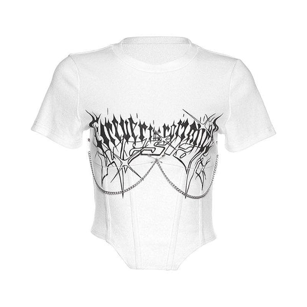Abstract print metal chain short sleeve crop top