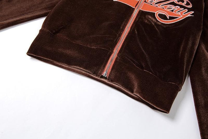 Zip-up letter embroidered high neck pant set - Halibuy