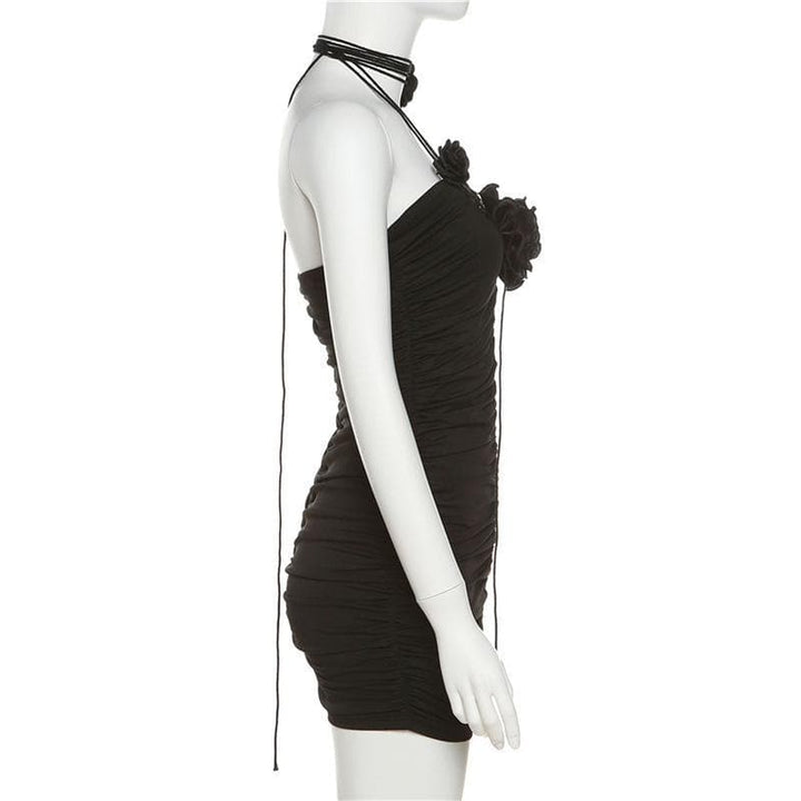 Appliques solid ruched string dress - Halibuy