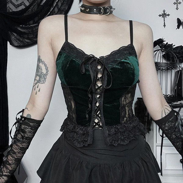 Velvet lace patchwork lace up sweetheart neck cami top