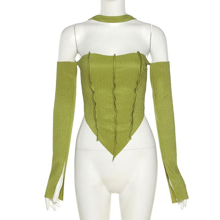 Long sleeve off shoulder patchwork top - Halibuy