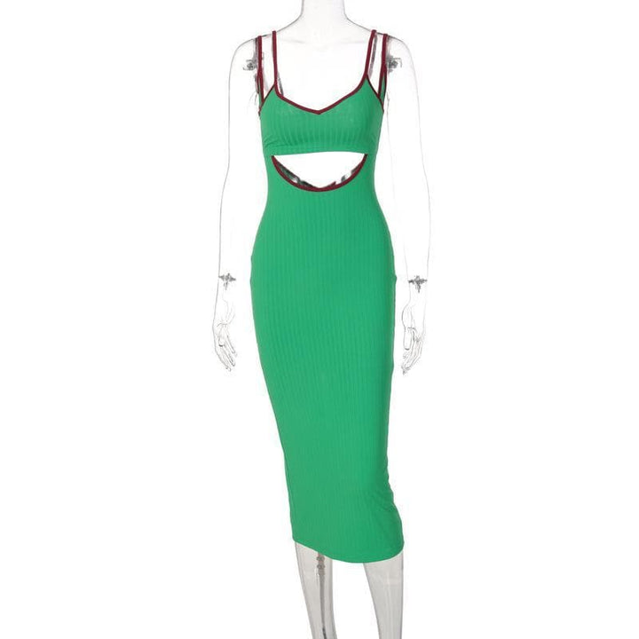 Hollow out V neck ribbed midi dress - Halibuy