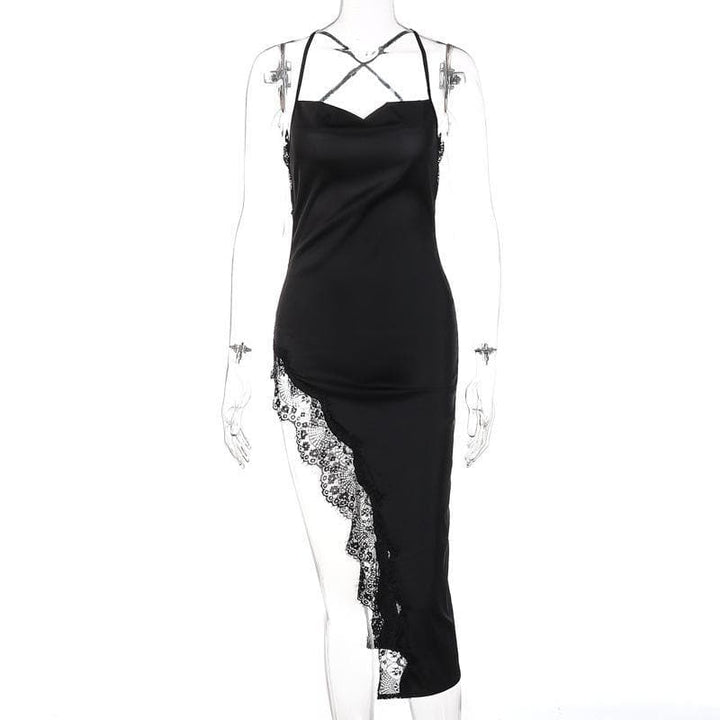 Hem lace slit satin cross open back dress - Halibuy