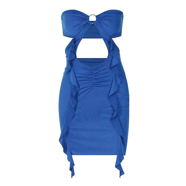 Robe mini tube froncée ajourée à volants et anneau en O uni dos nu 