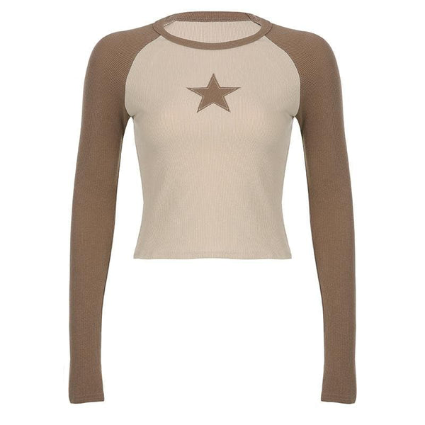 Star patchwork contrast ribbed crewneck long sleeve top