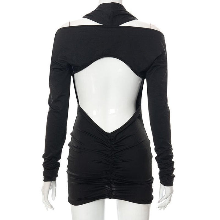 Deep v neck long sleeve open back solid ruched mini dress - Halibuy