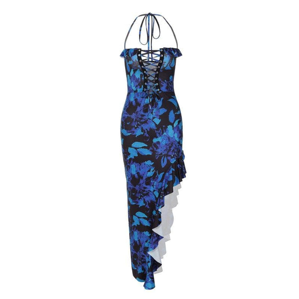 Robe longue à lacets, motif floral, volants irréguliers contrastés