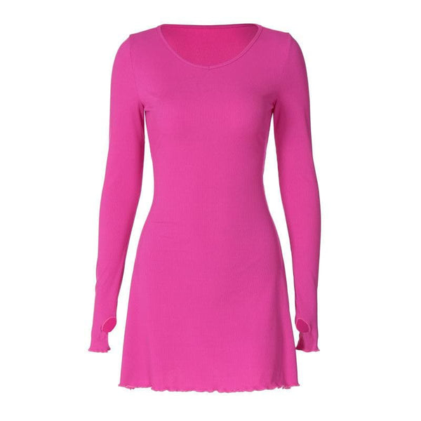 Ribbed solid long sleeve gloves lace up ruffle mini dress  | red tango dress