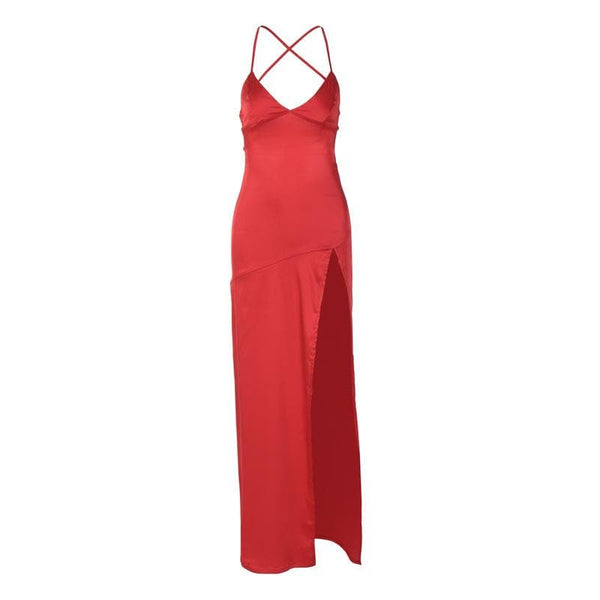 Slit cross back satin backless solid v neck maxi dress  | red tango dress  | black rave dress