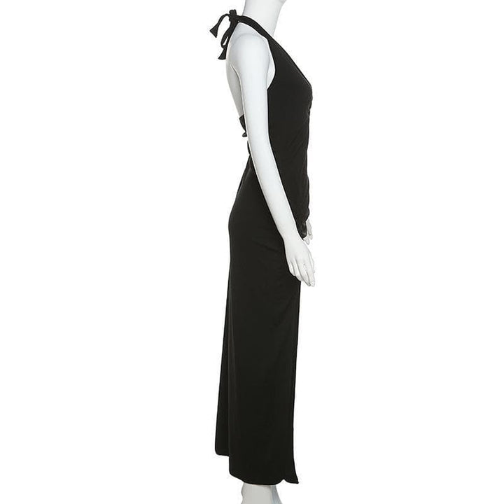 V neck hollow out ring slit solid maxi dress - Halibuy