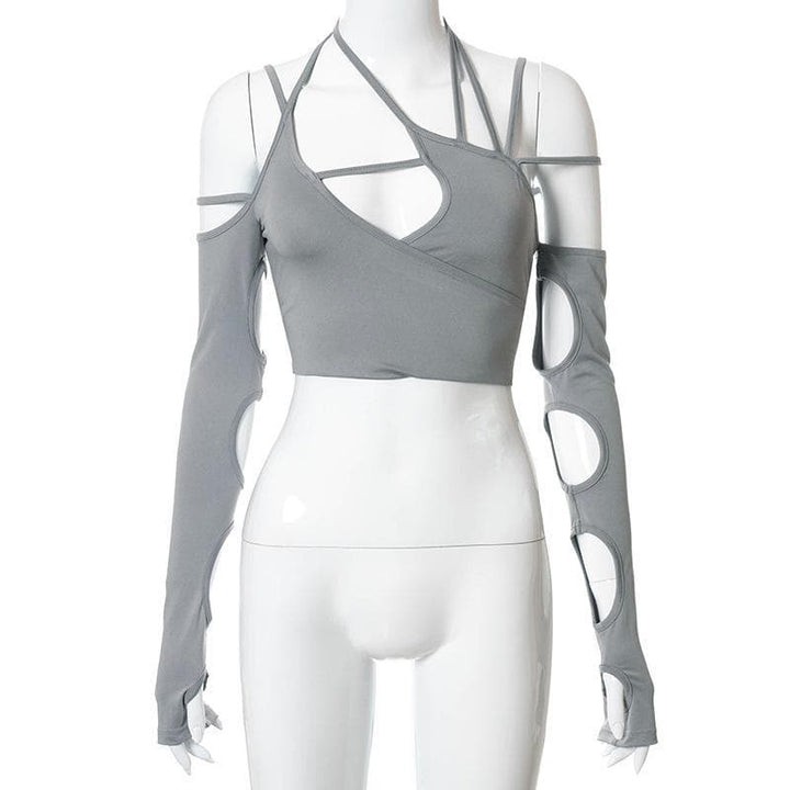 Hollow out long sleeve off shoulder irregular crop top - Halibuy