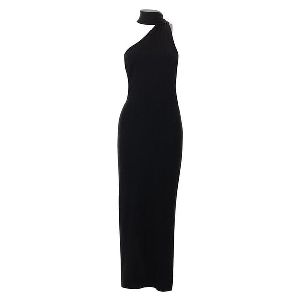 Robe longue fendue dos nu à une épaule et perles