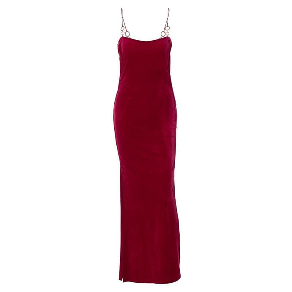 Robe longue en velours uni avec anneau en O, fente ajourée dans le dos | robe de tango rouge