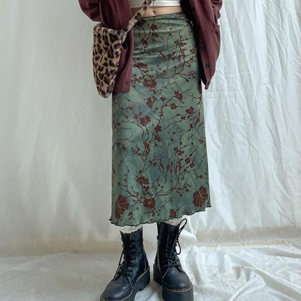 Flower pattern contrast ruffle tie dye midi skirt