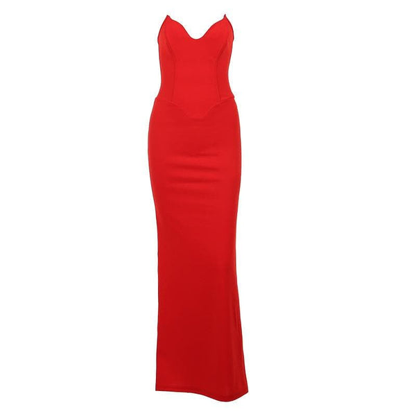 Robe longue tube fendue à dos nu et col en V uni avec fermeture éclair | robe tango rouge