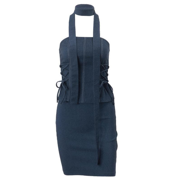 Ensemble mini-jupe tube trapèze en denim à lacets et dos nu froncé 