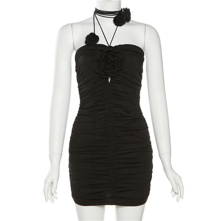 Appliques solid ruched string dress - Halibuy