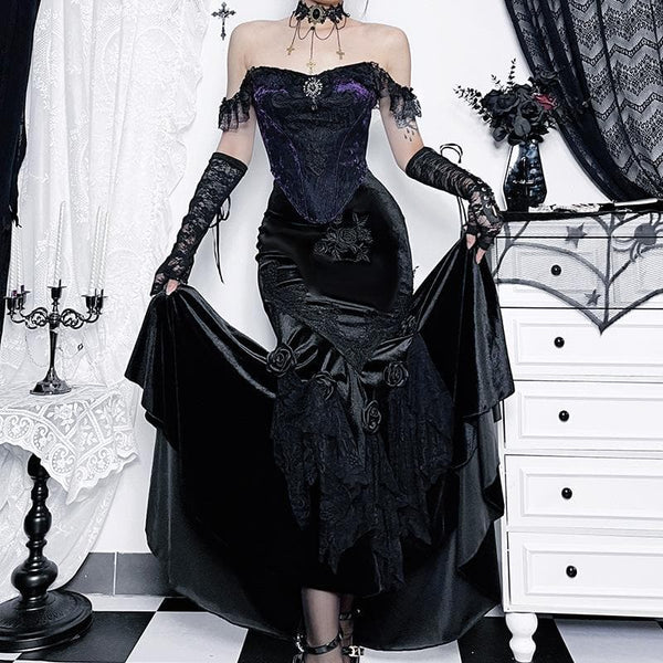Velvet embroidery flower applique lace hem ruched maxi skirt