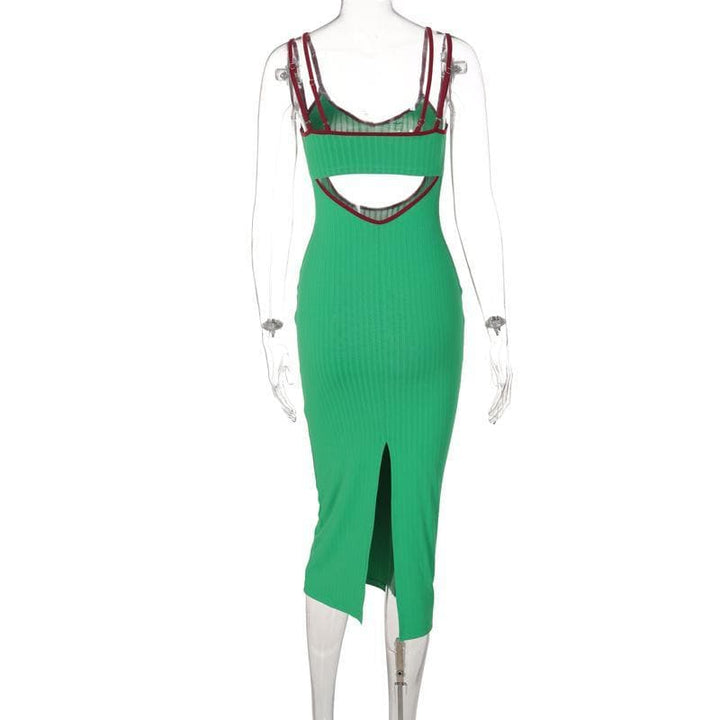 Hollow out V neck ribbed midi dress - Halibuy