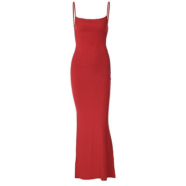 Robe longue caraco unie sans manches à col carré et dos nu | robe tango rouge
