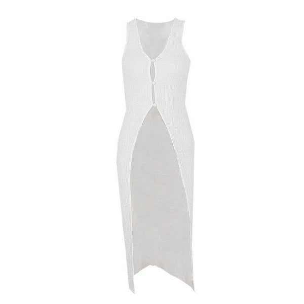 U neck slit button solid sleeveless long top