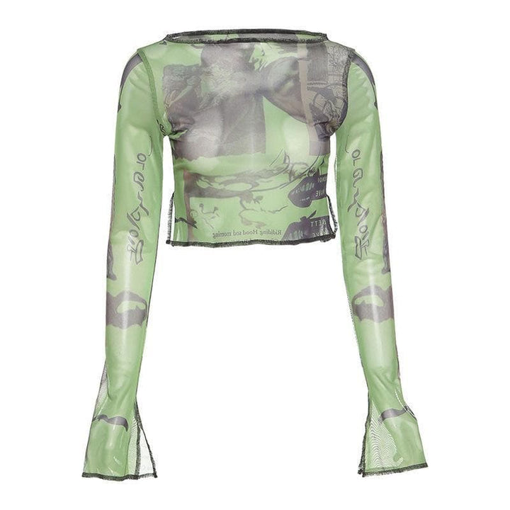 Print mesh see-through ruffled flared sleeve top - Halibuy