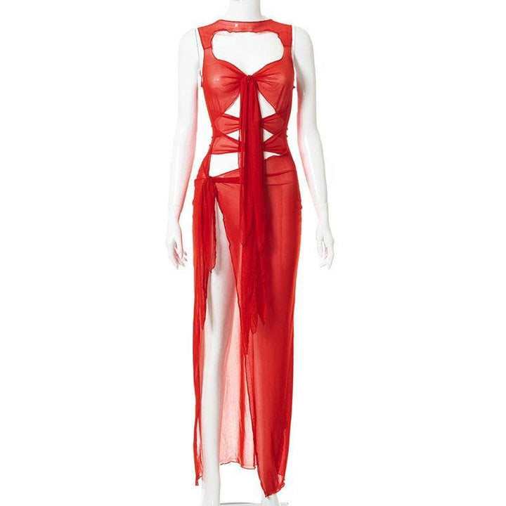 Sheer mesh see through knotted hollow out slit maxi dress - Halibuy