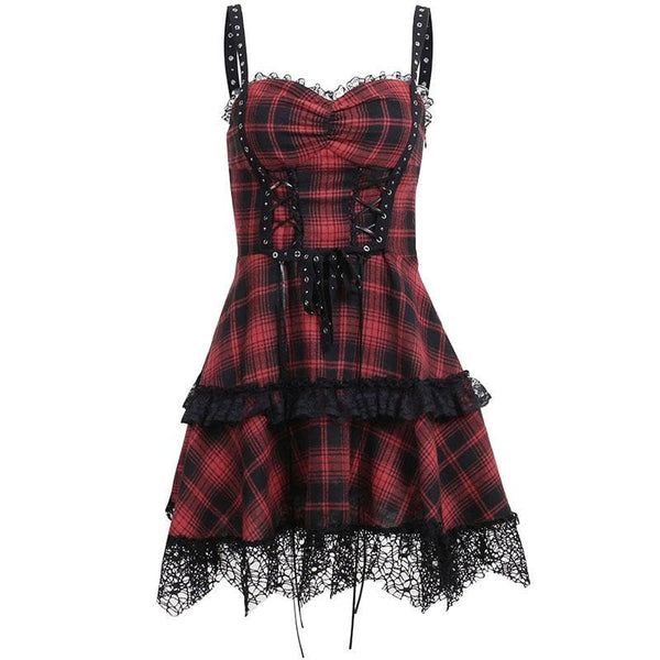Robe mini dos nu à carreaux avec ourlet en dentelle et fermeture éclair | robe tango rouge 
