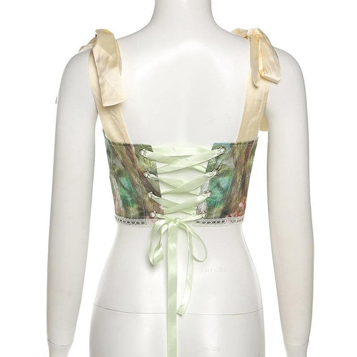 Print lace up back self tie strap bustier crop top - Halibuy