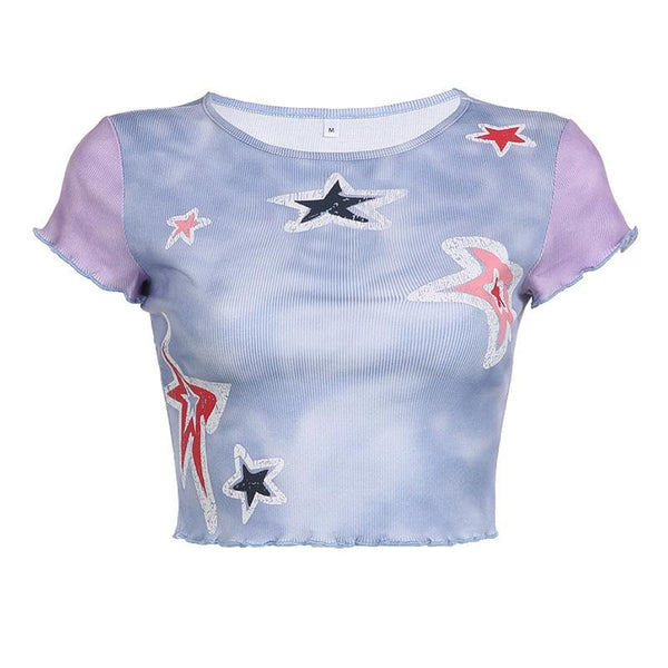 Haut court tie-dye à manches courtes contrastées et motif étoile à volants 