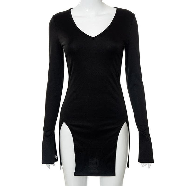 Long sleeve deep v neck slit solid mini dress - Halibuy