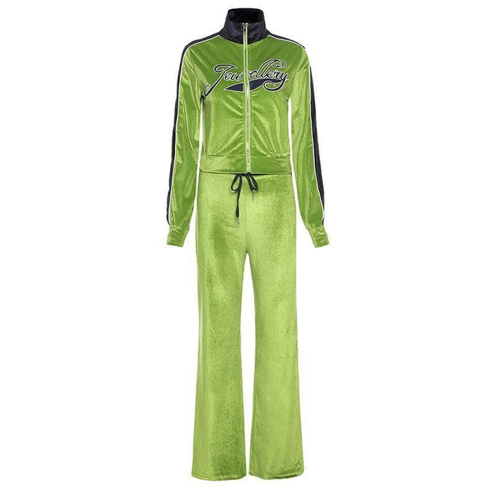 Zip-up letter embroidered high neck pant set - Halibuy