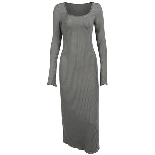 Robe longue côtelée à manches longues évasées et col carré uni à volants