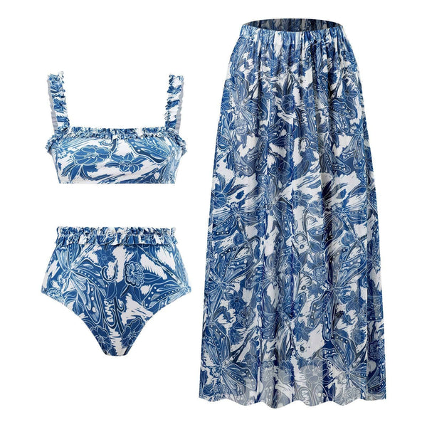 Maillot de bain 3 pièces à col carré et volants à imprimé contrasté 