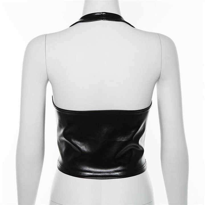 Lace up front halter backless PU top - Halibuy