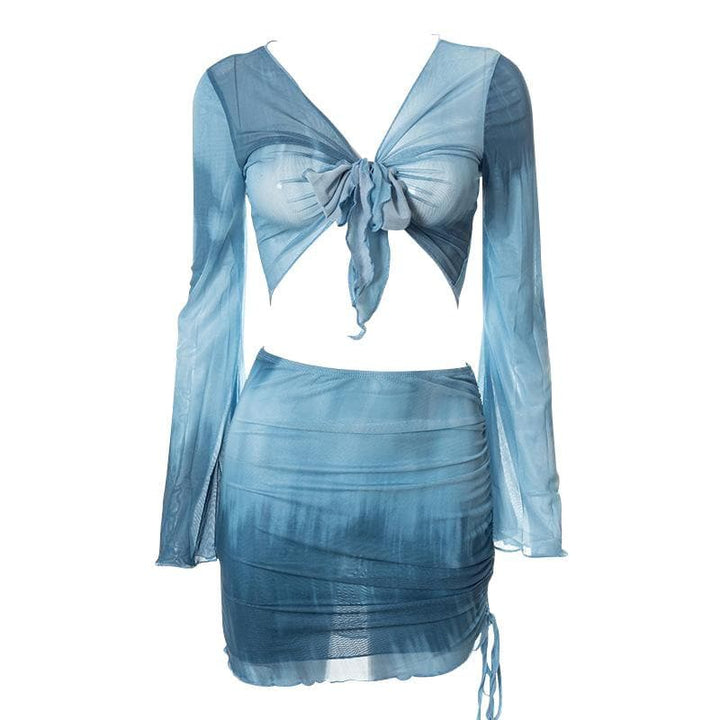 Flared sleeve mesh see through skirt set - Halibuy