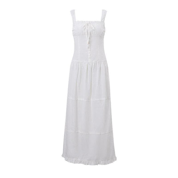 Robe midi froncée à boutons, col carré, sans manches, à volants smockés 