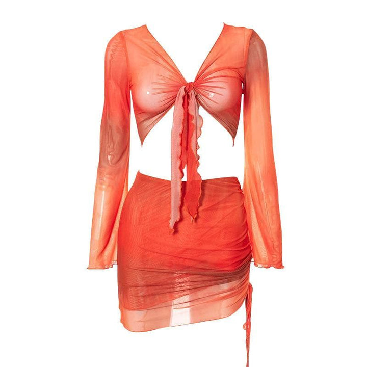 Flared sleeve mesh see through skirt set - Halibuy