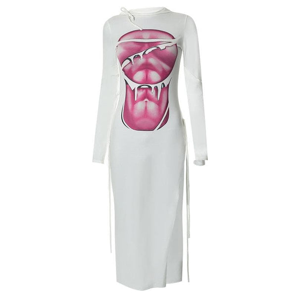 Robe midi fendue à manches longues et imprimé abstrait contrasté