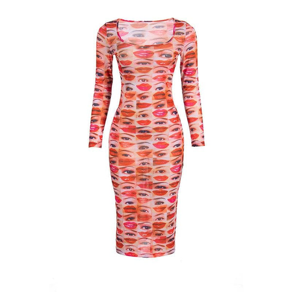 Long sleeve abstract u neck sheer mesh contrast midi dress  | samba dress