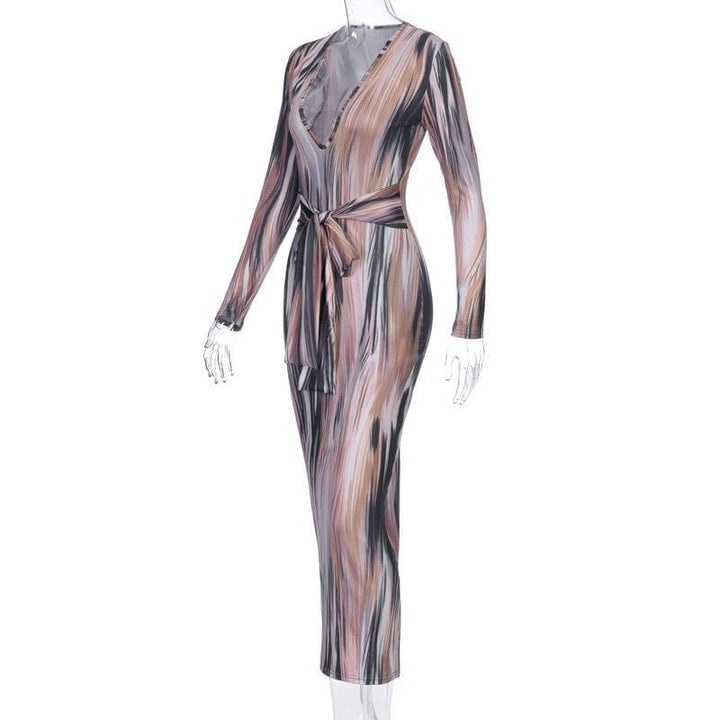 Long sleeve deep v neck knotted print maxi dress - Halibuy