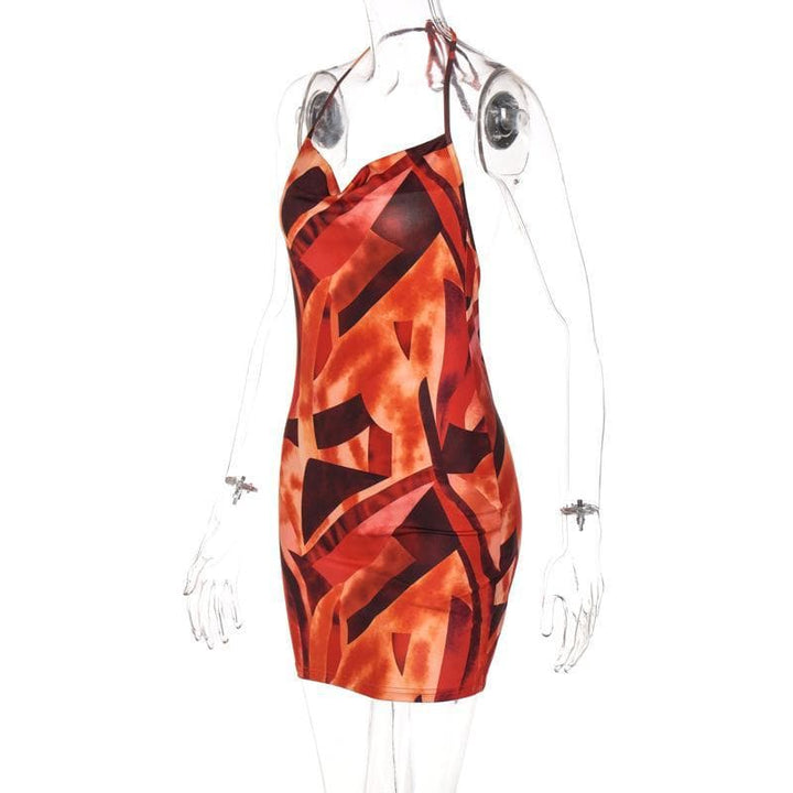 Cowl neck print backless halter mini dress - Halibuy