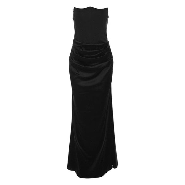 Robe longue tube dos nu froncée unie style corset 