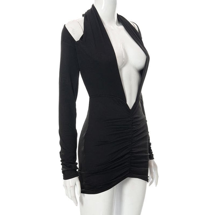 Deep v neck long sleeve open back solid ruched mini dress - Halibuy