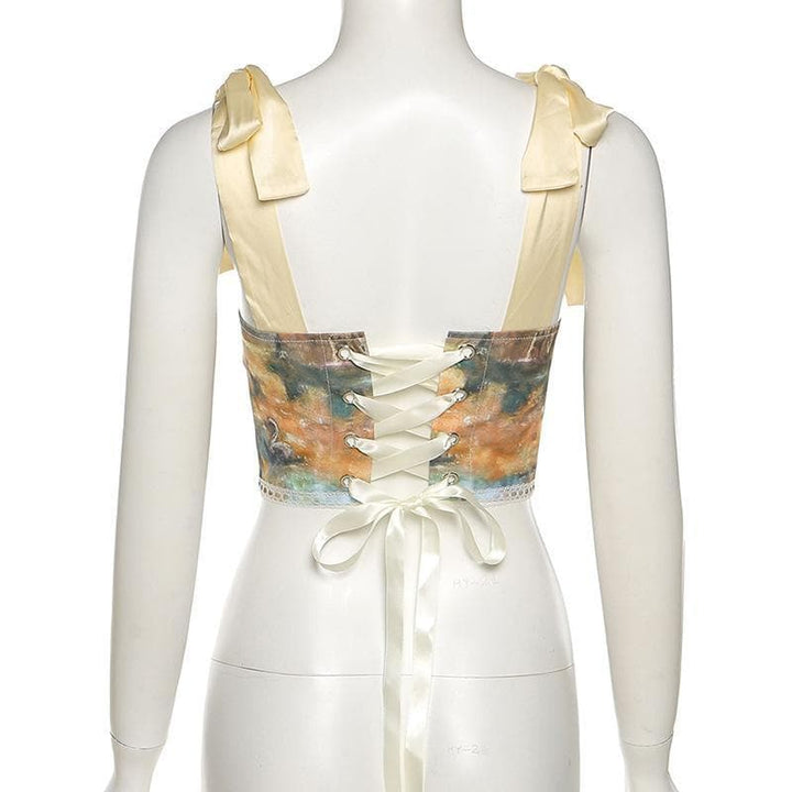 Print lace up back self tie strap bustier crop top - Halibuy