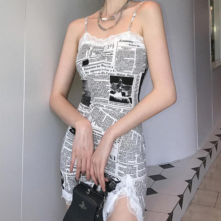 Hem lace newspaper print slit cami dress - Halibuy